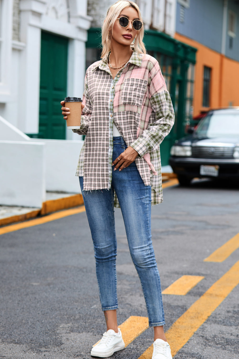 Multicolor Plaid Patchwork High Low Oversized Shirt