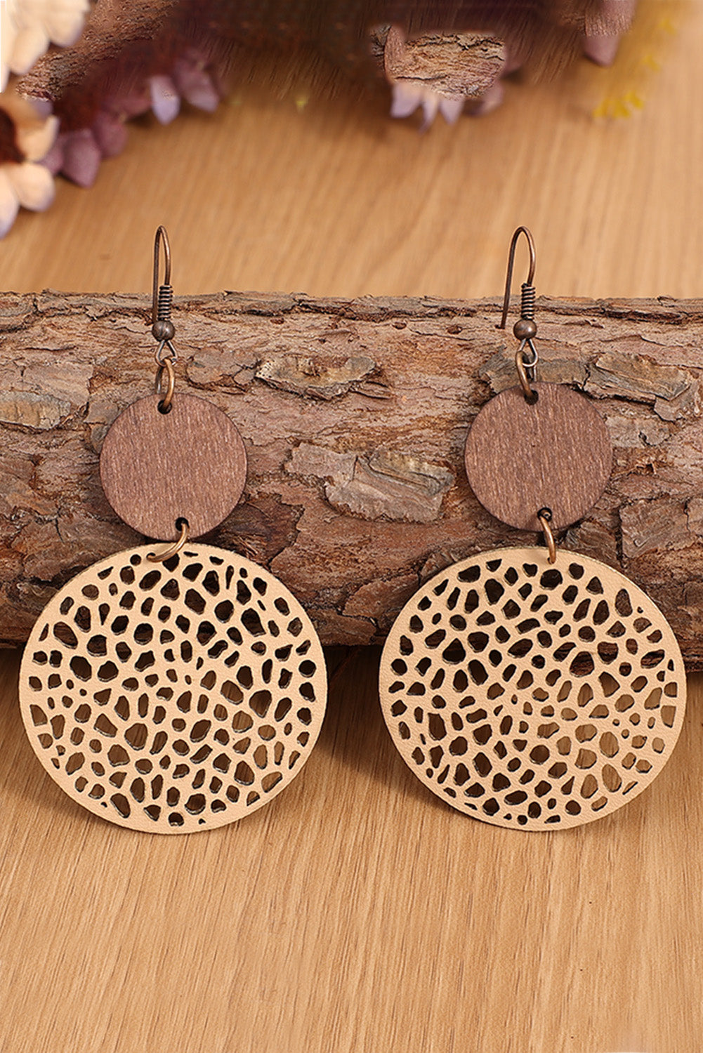 Khaki Hollow Out Wooden Round Drop Earrings