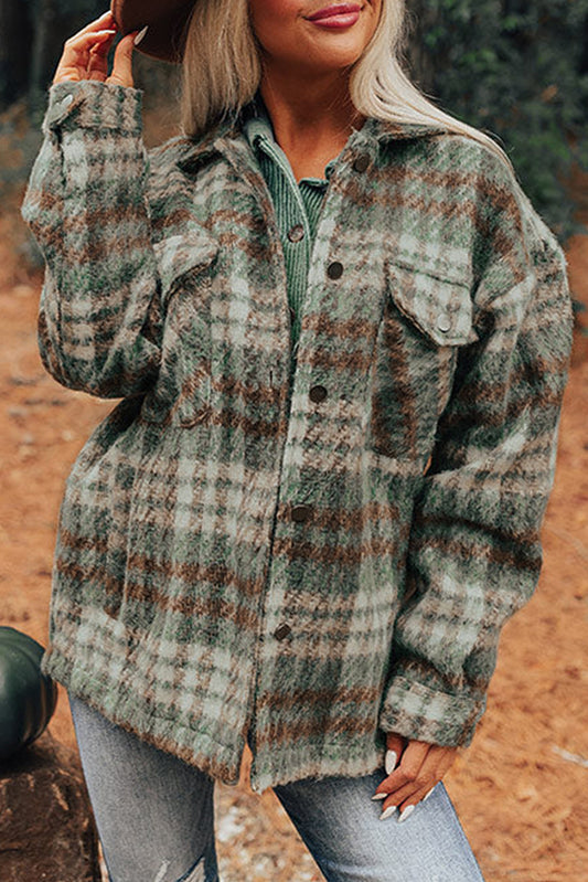 Mist Green Plaid Print Chest Pockets Turn Down Collar Shacket