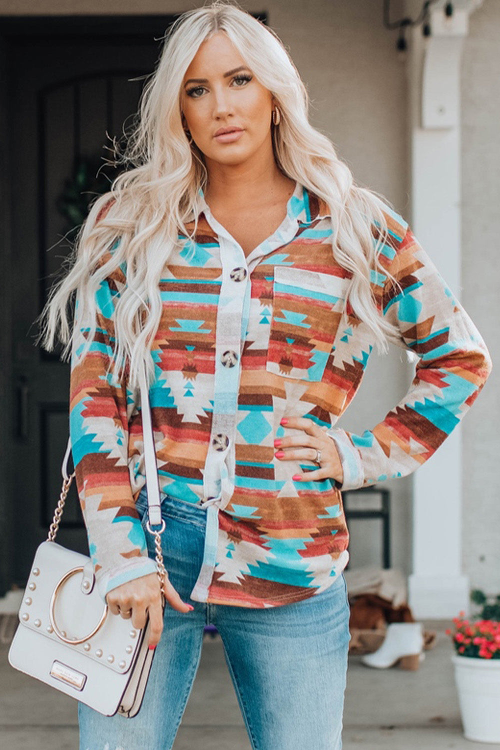 Multicolor Aztec Print Buttoned Pocket Chest Long Sleeve Shirt