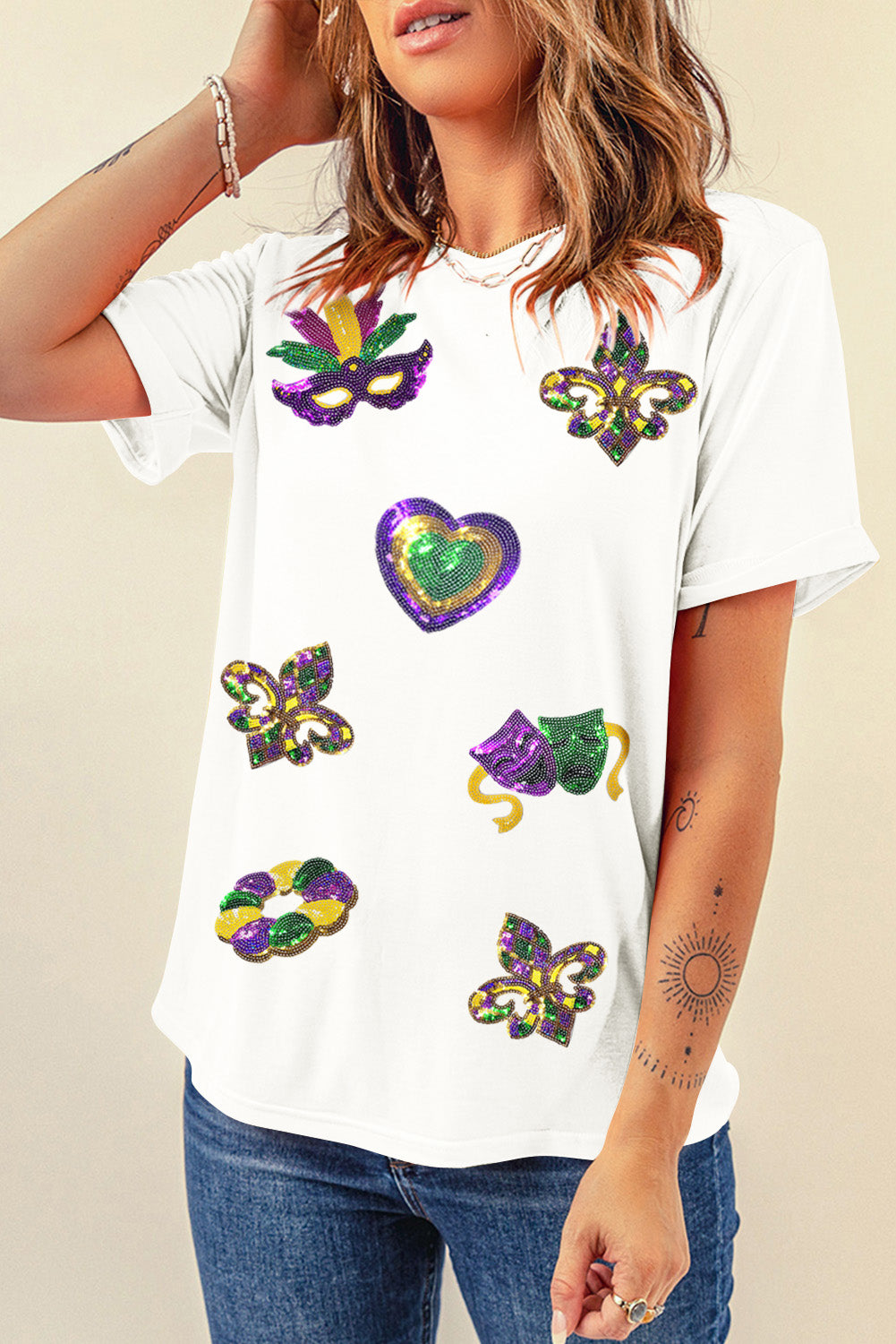 White Sequined Mardi Gras Symbolic Pattern Casual Tee