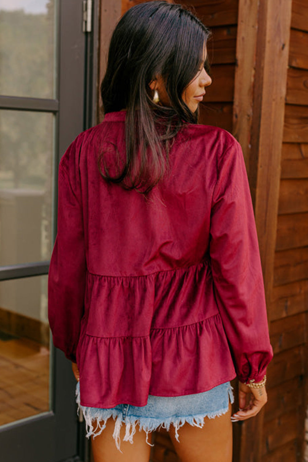 Burgundy Corduroy Ruffle Tiered Buttoned O Neck Shirt