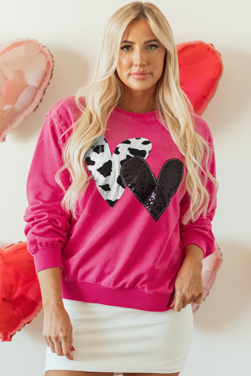 Strawberry Pink Cow & Sequin Double Heart Patch Graphic Sweatshirt