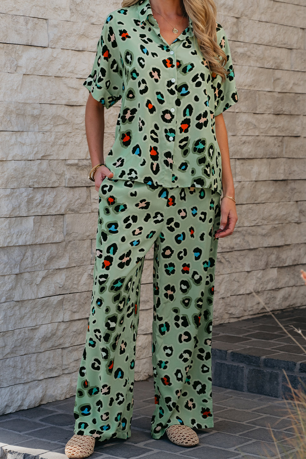 Green Leopard Print Short Sleeve Shirt and Wide Leg Pants Set