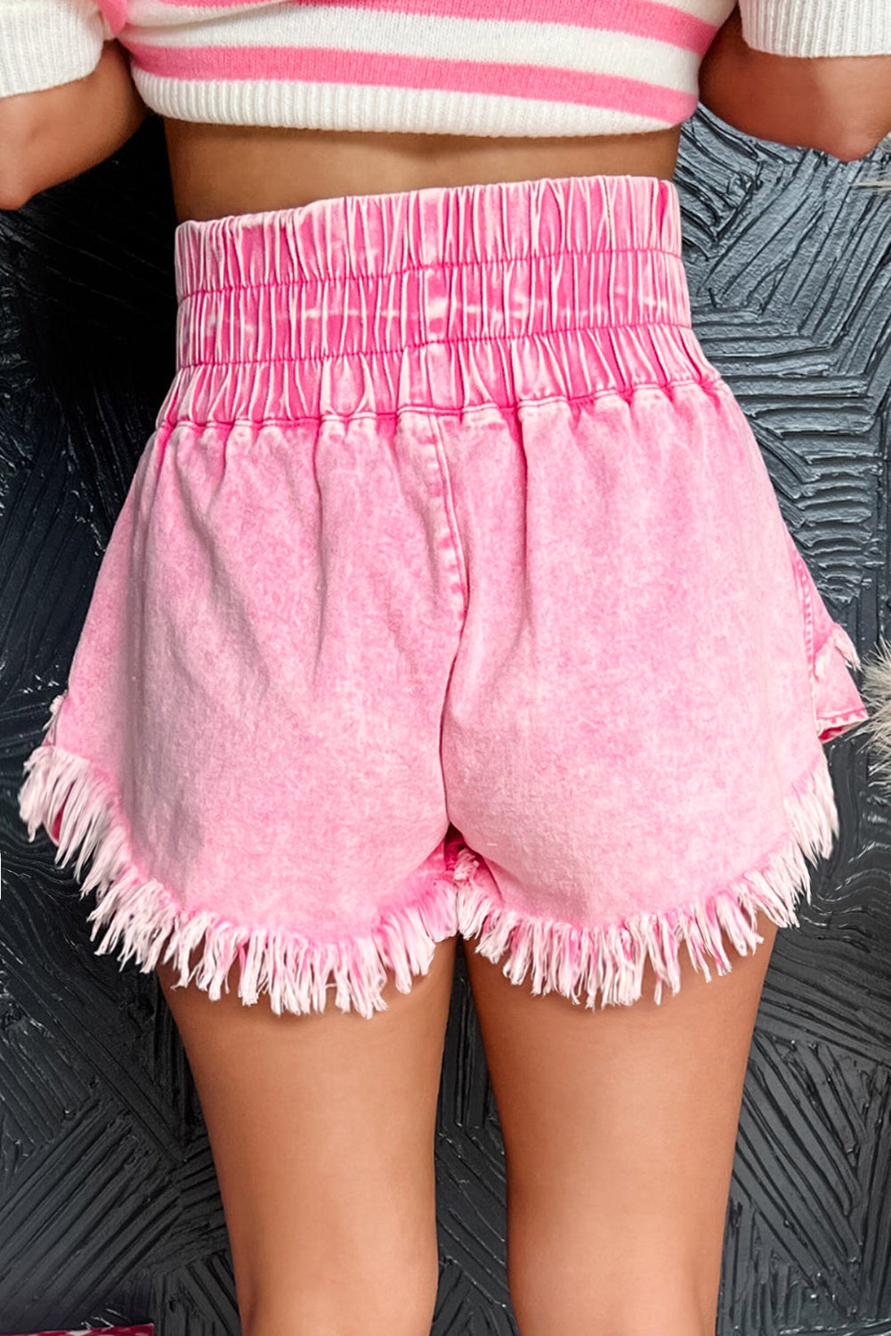 Pink Washed Wide Smocked Waistband Frayed Denim Shorts