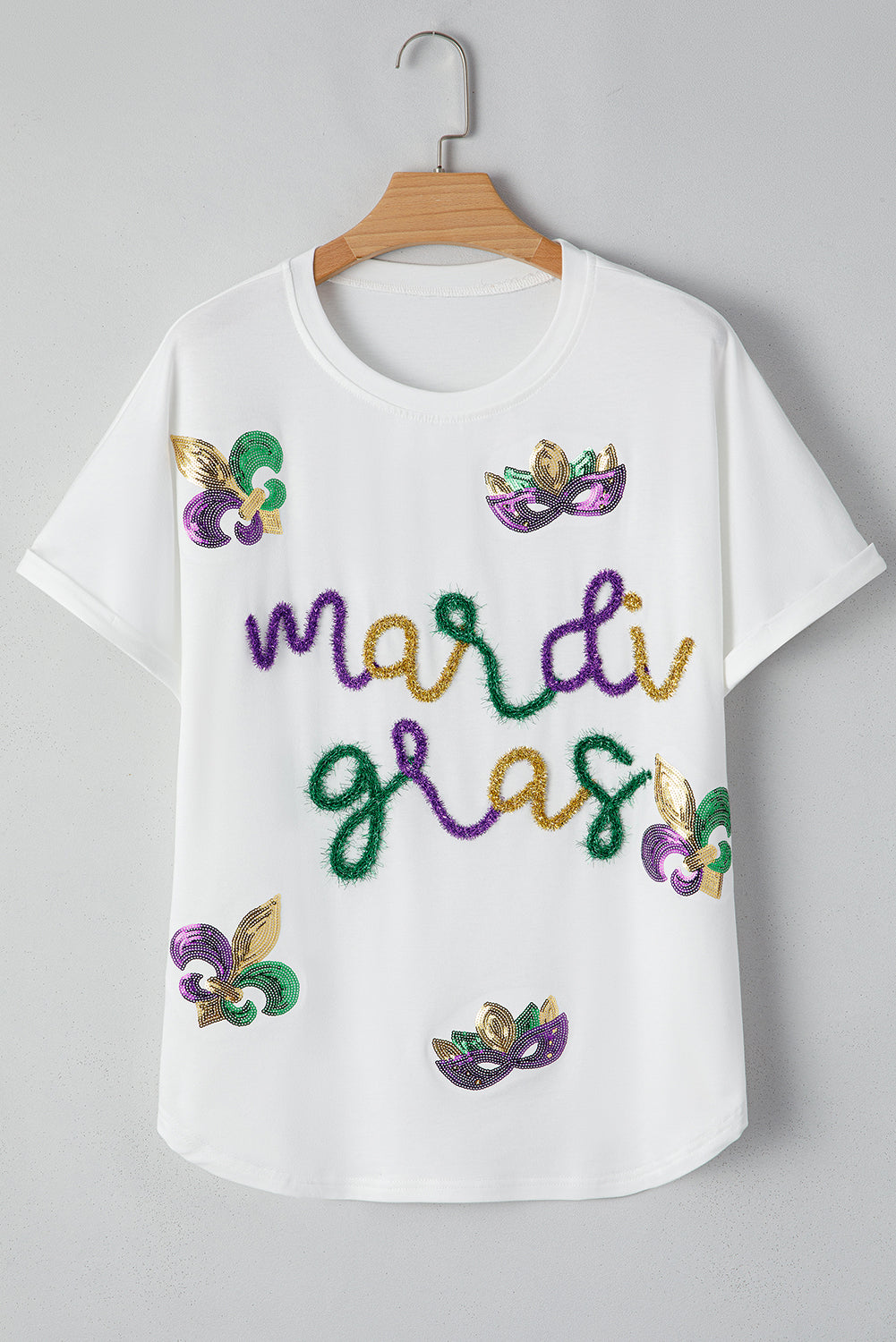 White Mardi Gras Tinsel Sequin Graphic T Shirt