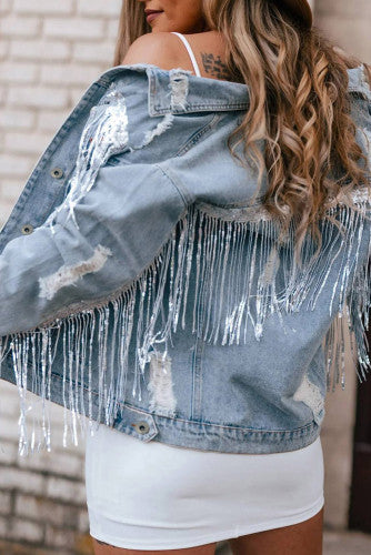 Blue Sequin Embellished Fringe Distressed Denim Jacket