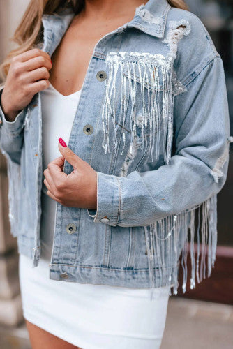 Blue Sequin Embellished Fringe Distressed Denim Jacket