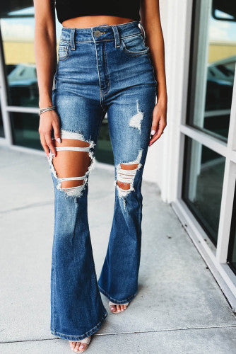 High Waist Distressed Cutout Flare Leg Jeans