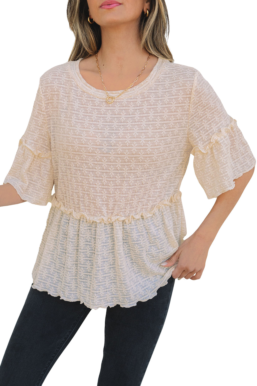 Beige Solid Color Textured Ruffled Short Sleeve Blouse