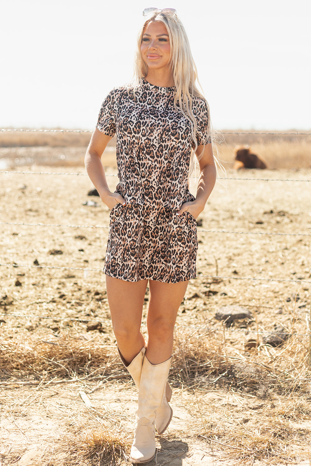 Brown Leopard Print Crew Neck Shift Short T Shirt Dress