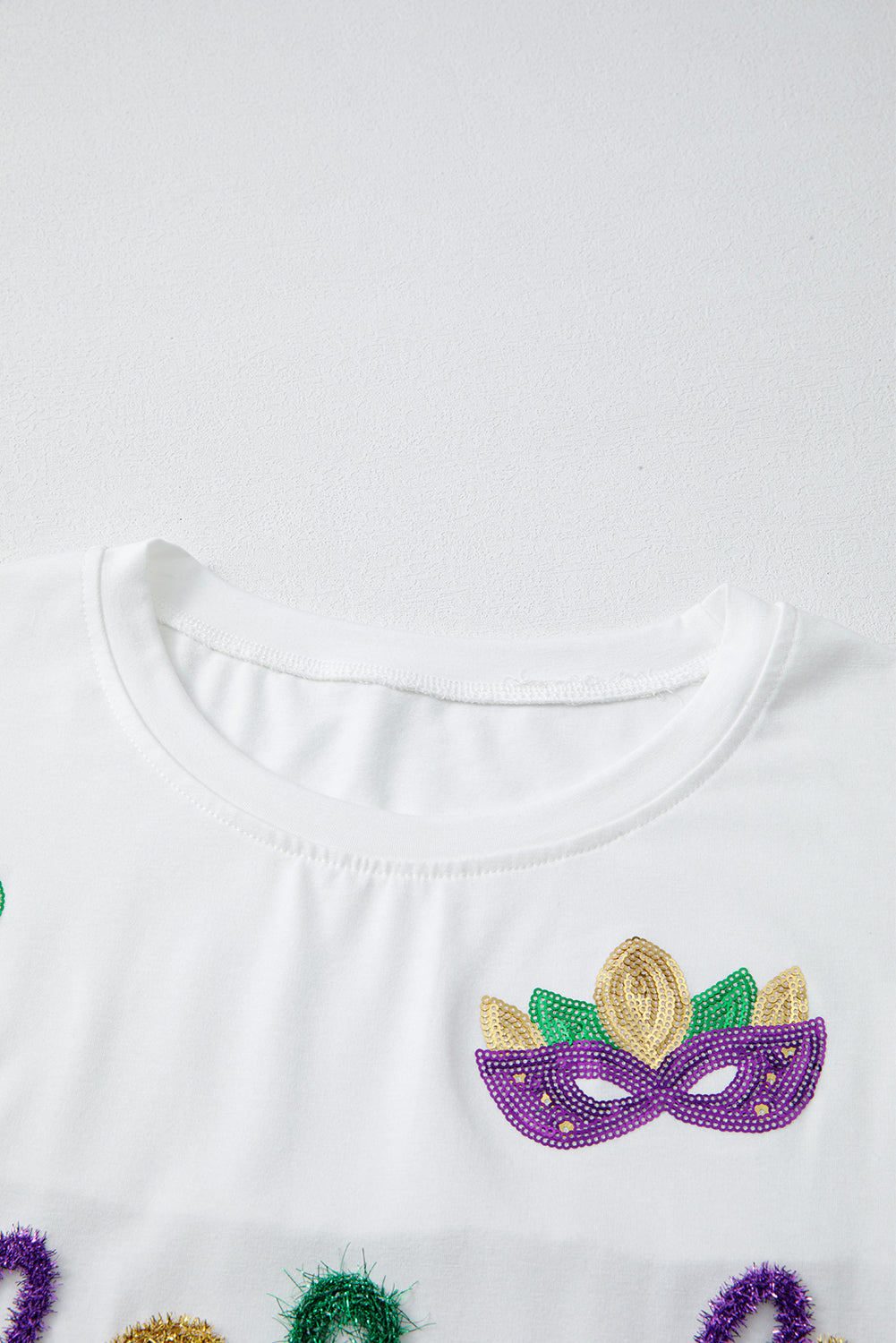 White Mardi Gras Tinsel Sequin Graphic T Shirt