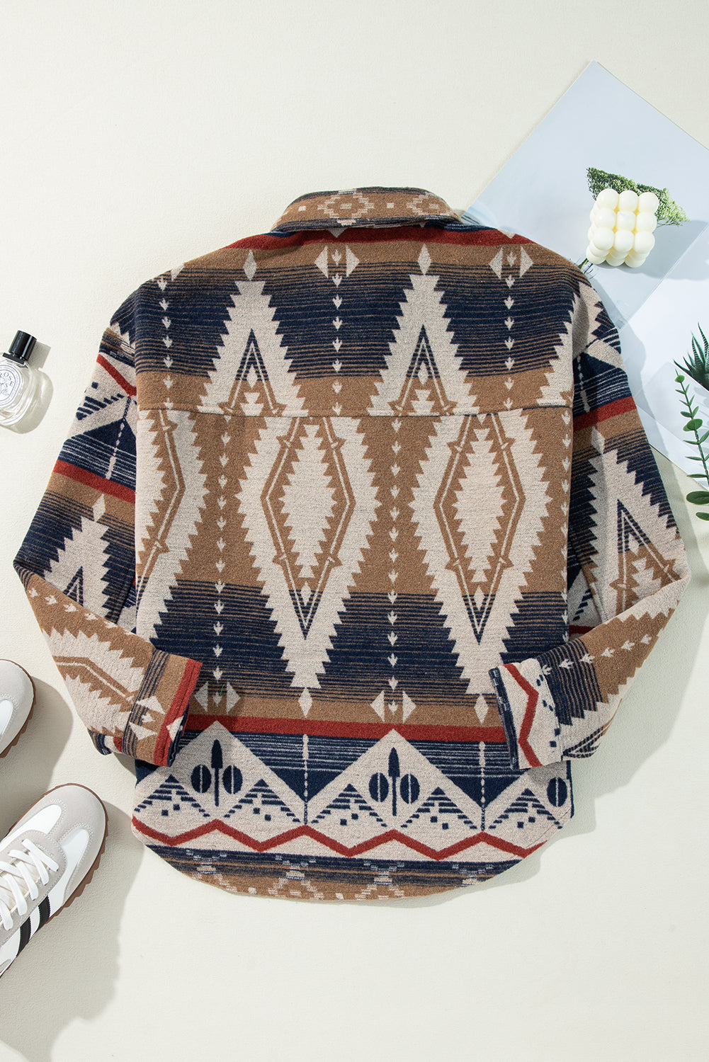 Brown Western Aztec Collared Button-up Sweatshirt