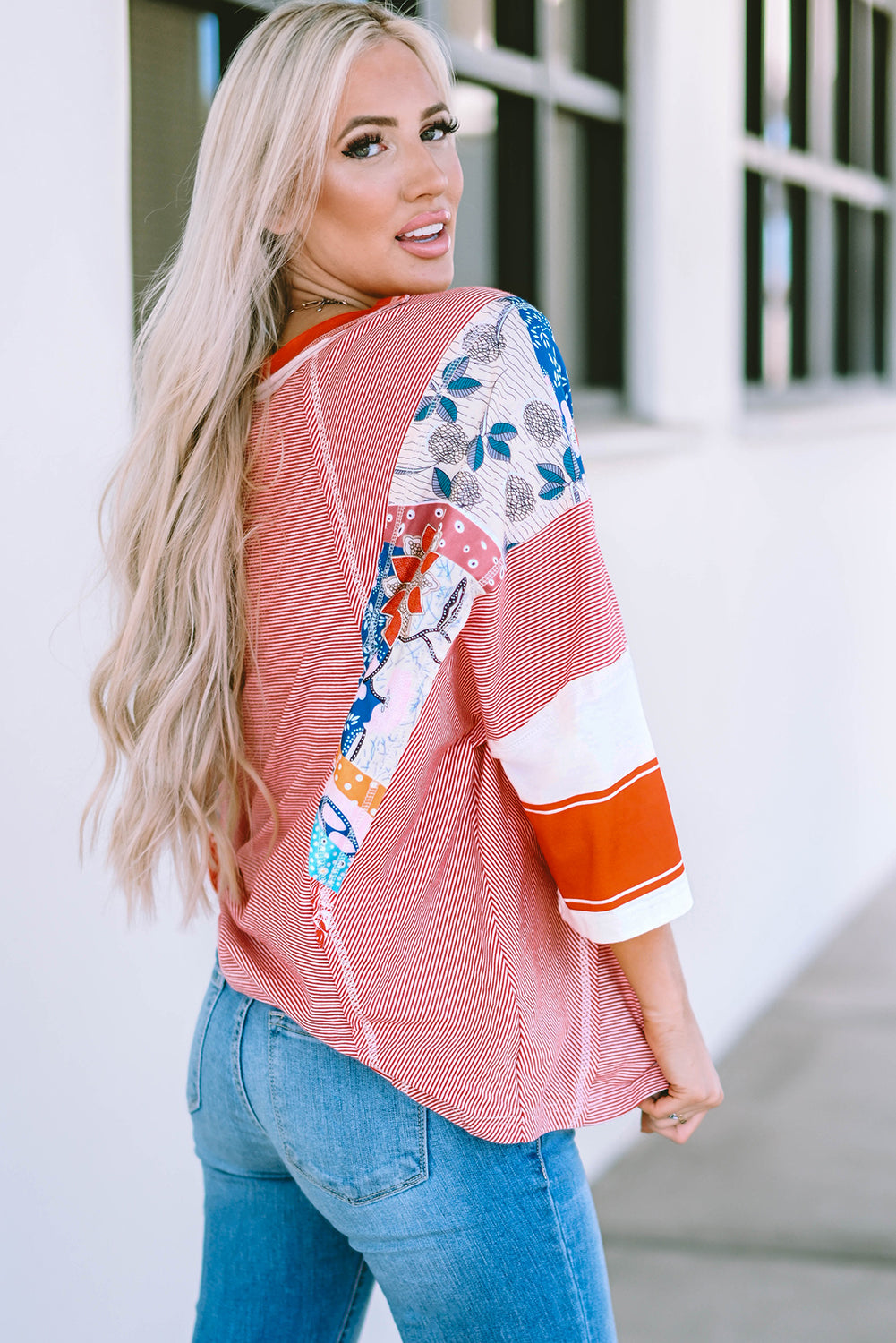 Fiery Red Pinstriped Color Block Patchwork Oversized Top