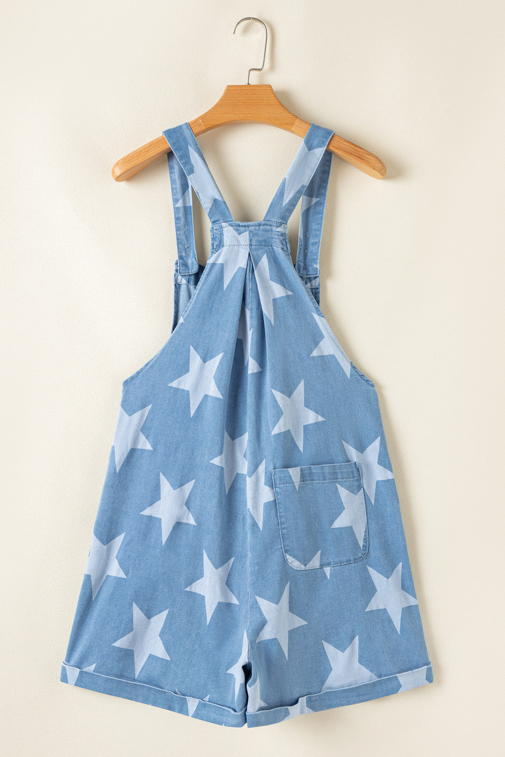 Light Blue Star Printed Buttoned Straps Pocketed Denim Romper