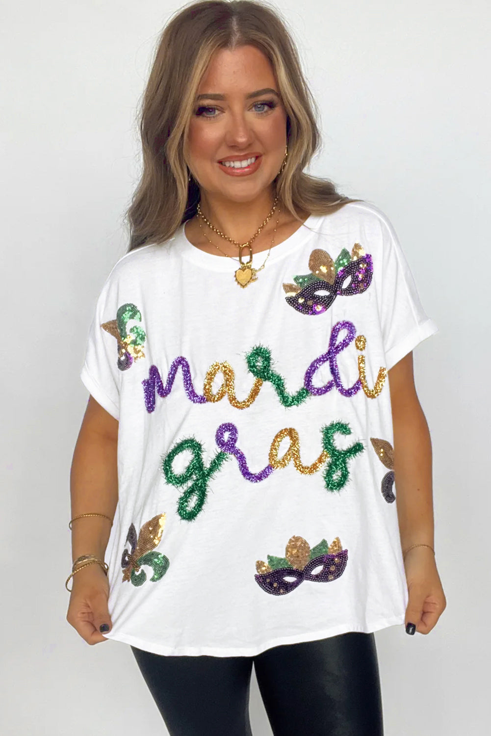 White Mardi Gras Tinsel Sequin Graphic T Shirt