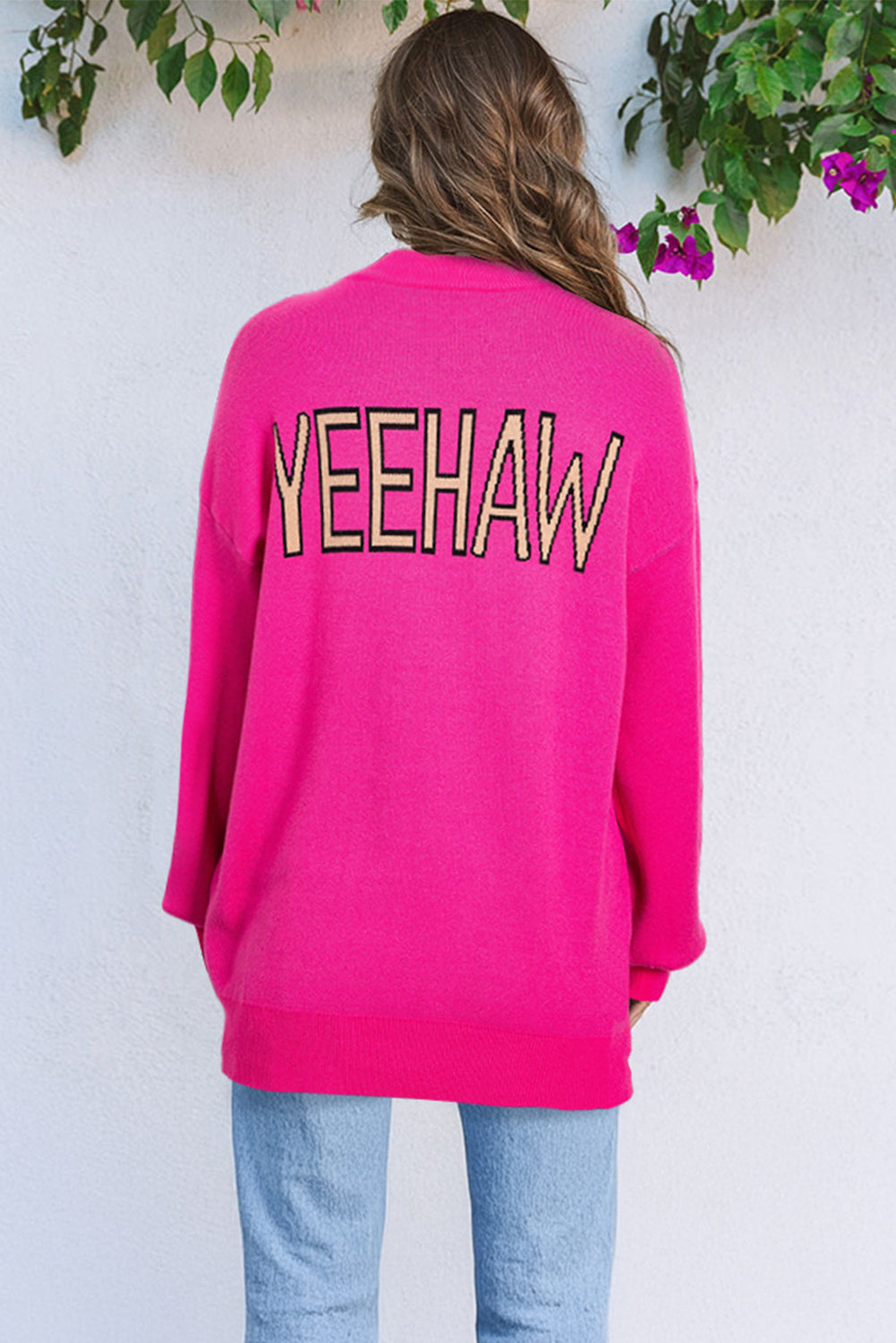 Rose Red YEEHAW Cowboy Hat Drop Shoulder Oversized Sweater